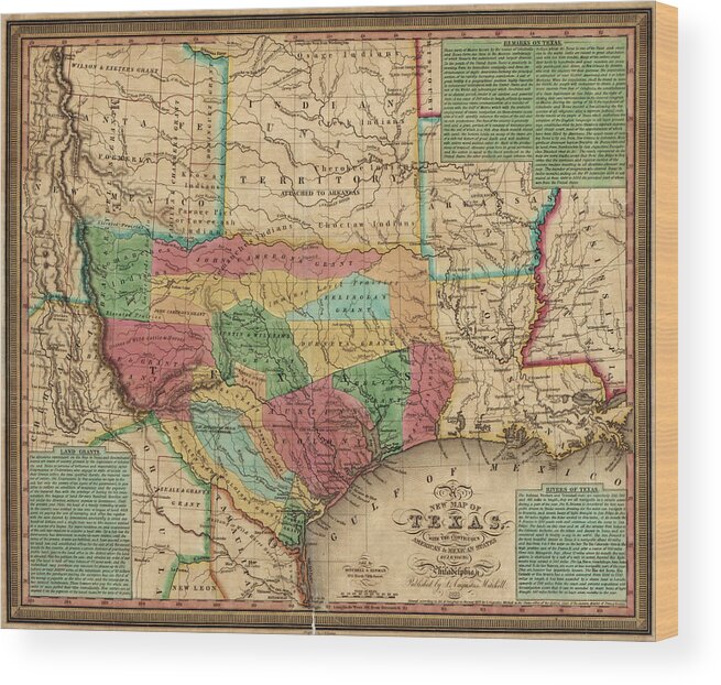 Texas Wood Print featuring the drawing Antique Map of Texas by James Hamilton Young - 1835 by Blue Monocle