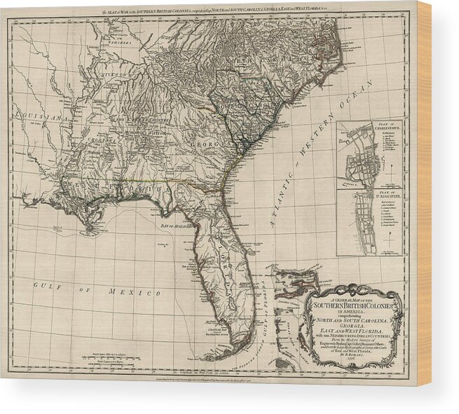 Southeast Us Wood Print featuring the drawing Antique Map of the Southeastern United States by Bernard Romans - 1776 by Blue Monocle