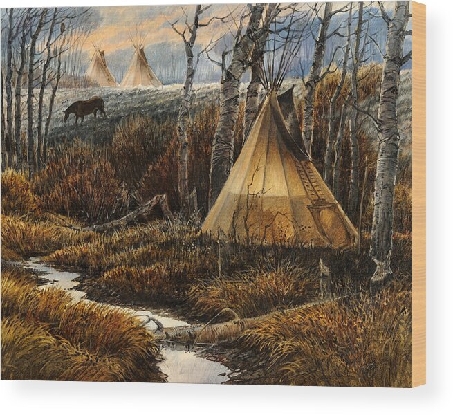 Native American Lodge Wood Print featuring the painting Approaching Dusk by Steve Spencer