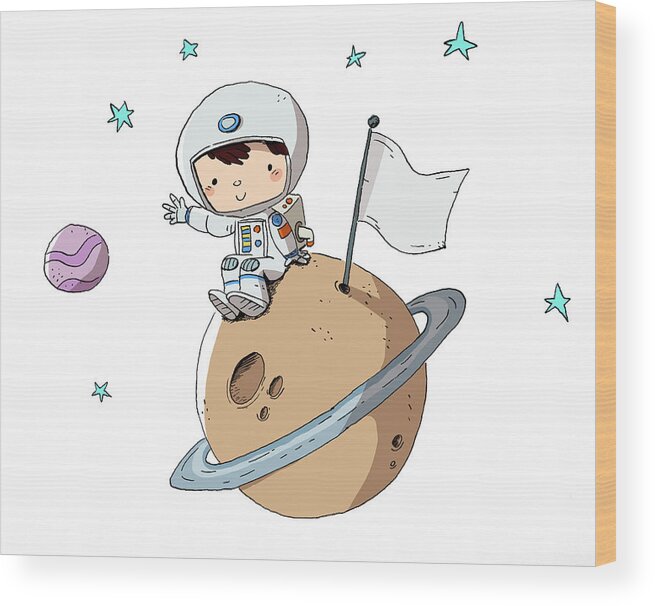 Child Wood Print featuring the digital art Astronaut, Child In Space Sitting On A by Pixel107