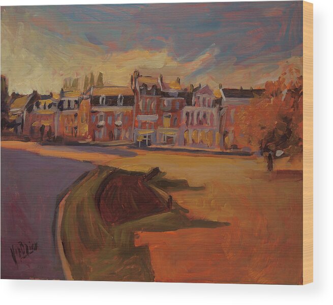 Koningin Emmaplein Wood Print featuring the painting Autumn light over the Queen Emma Square Maastricht by Nop Briex