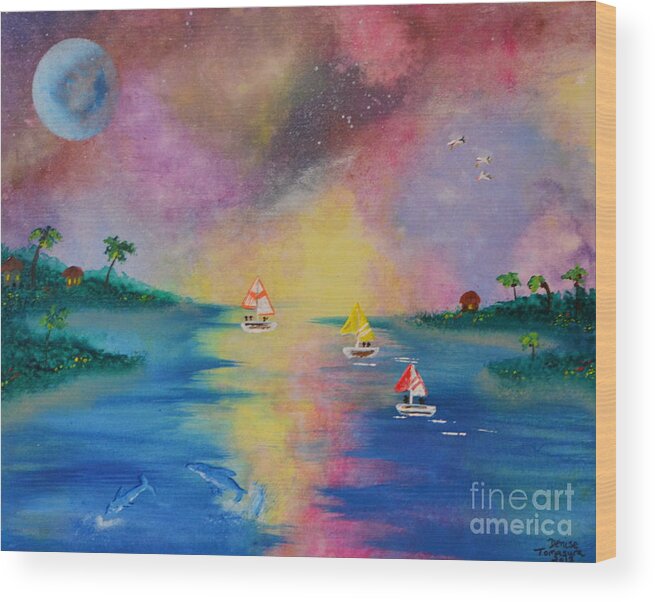 Moon Wood Print featuring the painting Bahama Sunset by Denise Tomasura