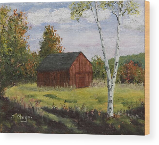 Painting Wood Print featuring the painting Barn with Lone Birch by Alan Mager