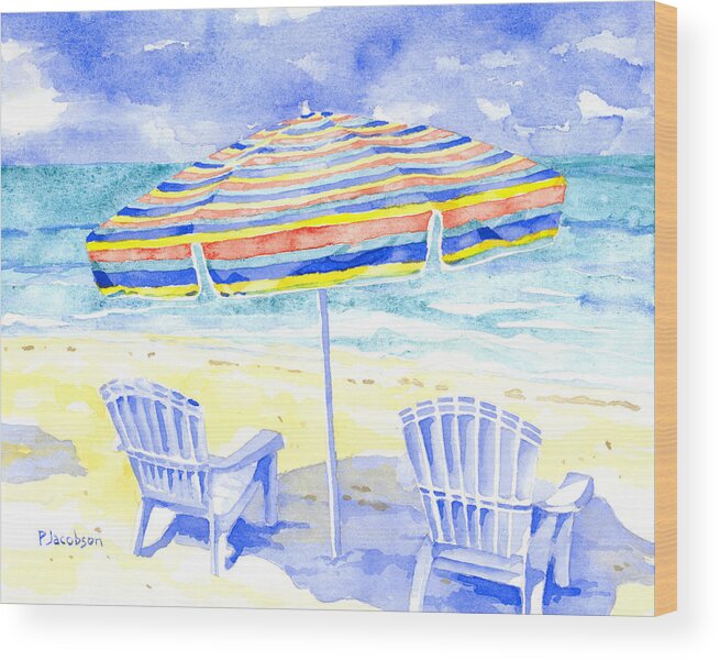 Beach Chairs Wood Print featuring the painting Beach Chairs by Pauline Walsh Jacobson