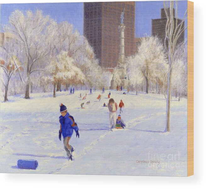 Winter Wood Print featuring the painting Beacon Hill Sledders by Candace Lovely