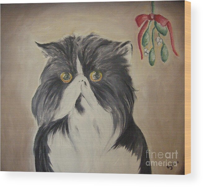 Cat Wood Print featuring the painting Beau with Mistletoe by Victoria Lakes