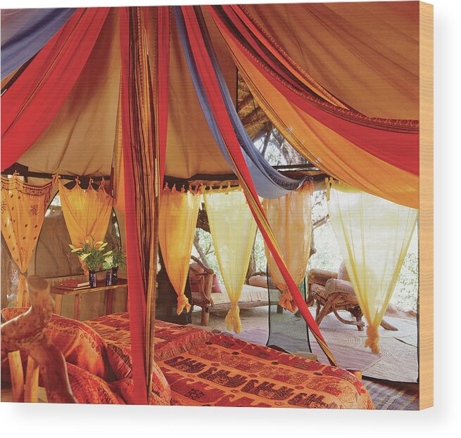 No People Wood Print featuring the photograph Bedroom With Multi Coloured Bed Canopy by Tim Beddow