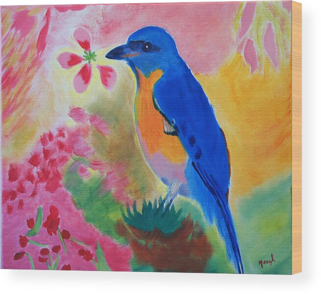 Blue-orange Bird Wood Print featuring the painting Being One in the Moment by Meryl Goudey