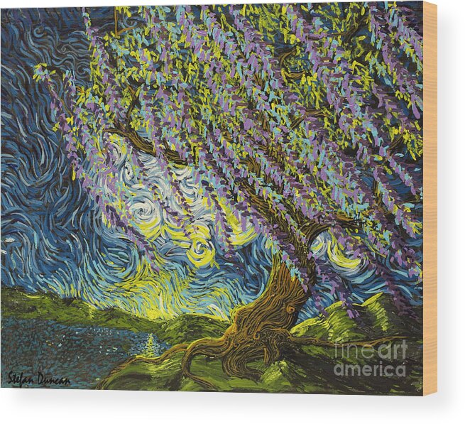 Squiggleism Wood Print featuring the painting Beneath The Willow by Stefan Duncan