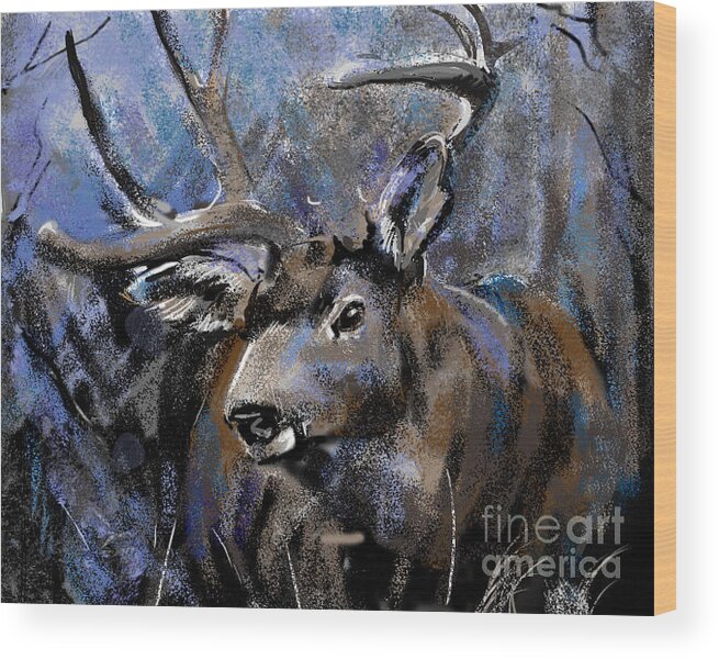 Deer Wood Print featuring the painting Big Buck by Synnove Pettersen