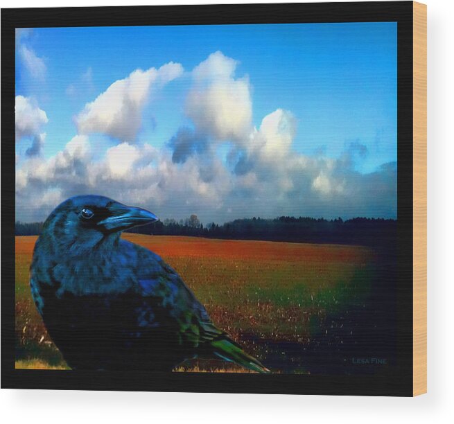 Crow Wood Print featuring the photograph BIG DADDY CROW SERIES Silent Watcher by Lesa Fine