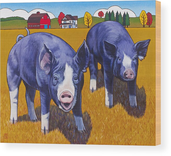 Pig Wood Print featuring the painting Big Pigs by Stacey Neumiller