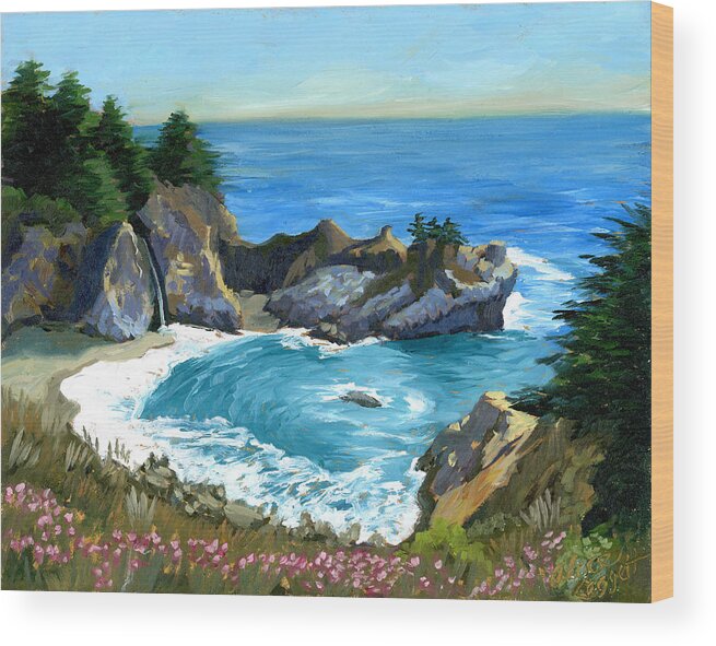 Seascape Wood Print featuring the painting Big Sur Waterfall by Alice Leggett