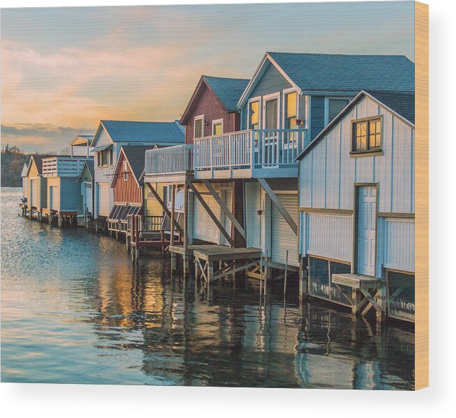 Lake Wood Print featuring the photograph Boathouses in the Golden Hour by Lou Cardinale