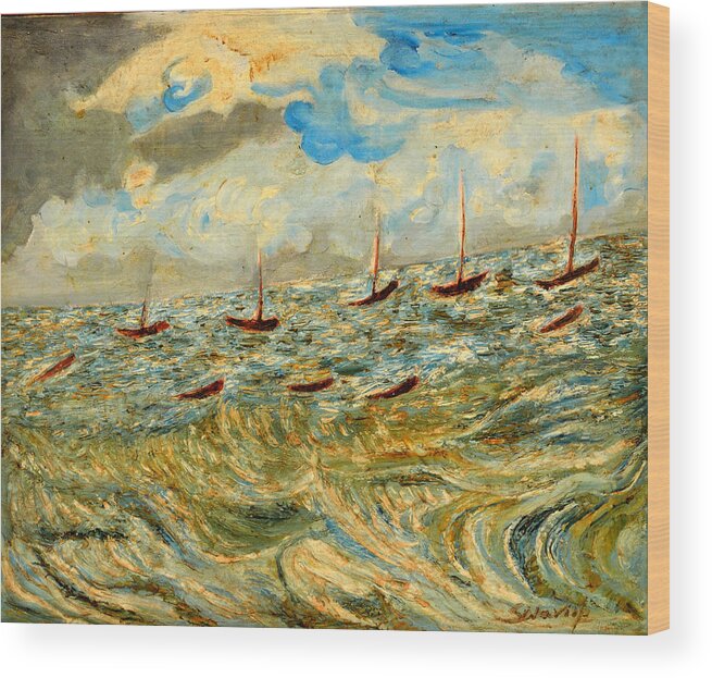 Boats And Boats In Sea Wood Print featuring the painting Boats And Boats In Sea by Anand Swaroop Manchiraju