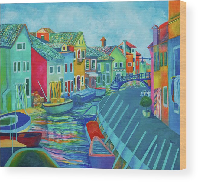 Landscape Wood Print featuring the painting Boats at Burano by Kandy Cross