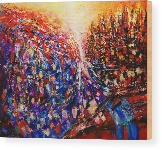 Abstract Wood Print featuring the painting Bridging The Past by Helen Kagan