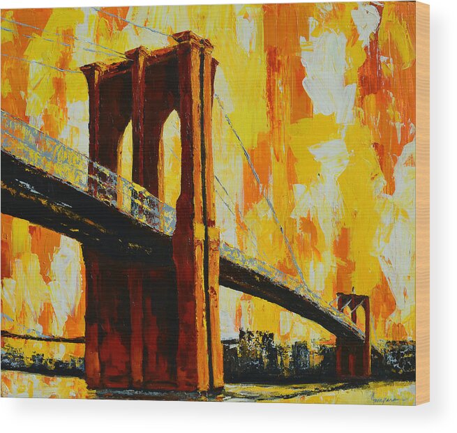 Landmark Brooklyn Bridge New York City Iconic Structures Wood Print featuring the painting Brooklyn Bridge Landmark by Patricia Awapara