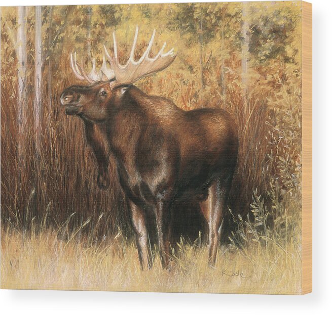 Bull Moose Wood Print featuring the pastel Bull Moose by Karen Cade