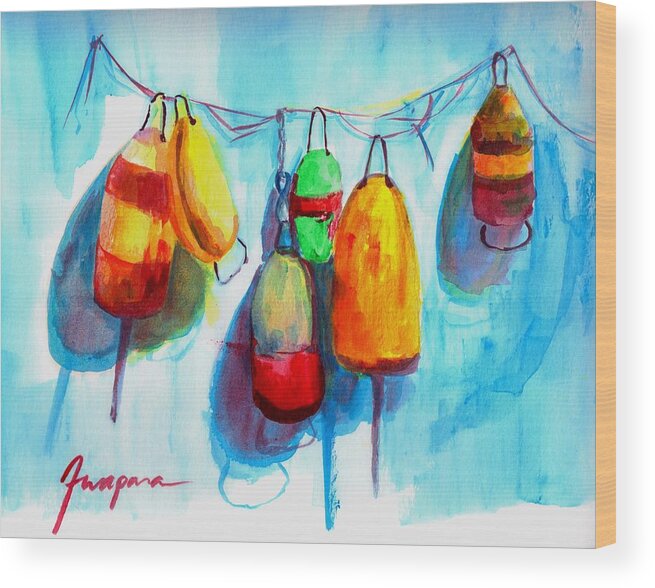 Buoys And Boat Floats Watercolor Art Wood Print featuring the painting Colorful Buoys by Patricia Awapara