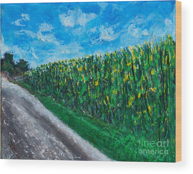Cornfields Wood Print featuring the painting By An Indiana Cornfield The Road Home by Alys Caviness-Gober