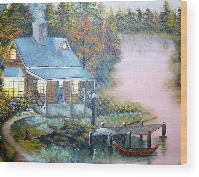 Cabin Wood Print featuring the painting Cabin at the Lake by Debra Campbell