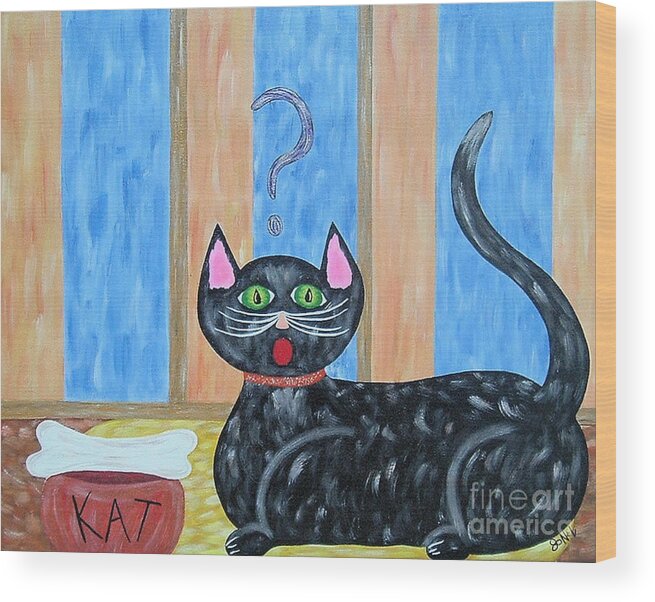 Cat Wood Print featuring the painting Cat and Bone by JoNeL Art Cat Wood Print featuring the painting Cat and Bone by JoNeL Art