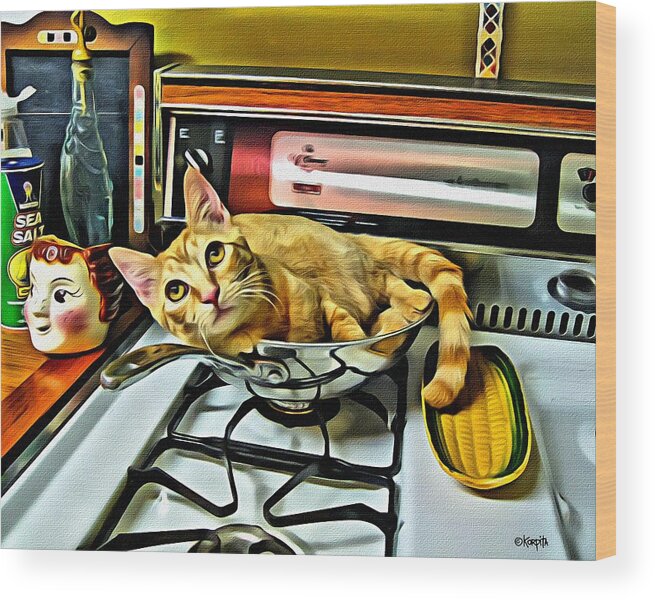 Cat In A Pot Wood Print featuring the photograph Cat in a Pot on a Stove by Rebecca Korpita