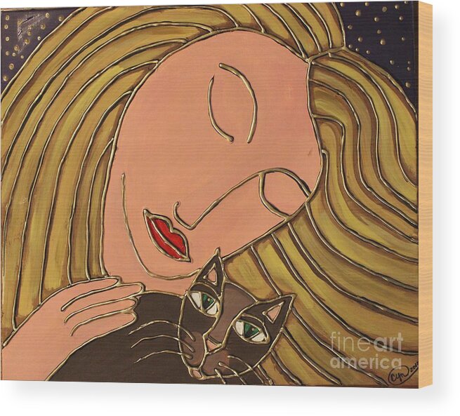 Cat Wood Print featuring the painting Cat Love by Cynthia Snyder