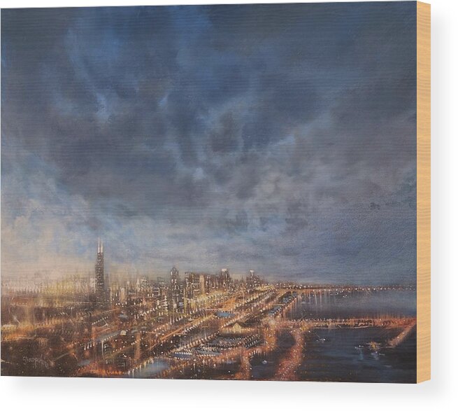 Chicago Wood Print featuring the painting Chicago From Above by Tom Shropshire