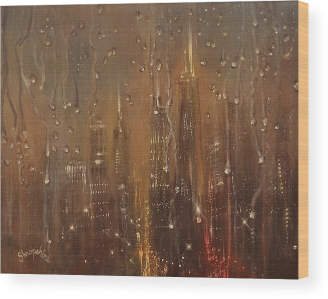  Chicago Wood Print featuring the painting Chicago Raindrops on Glass by Tom Shropshire