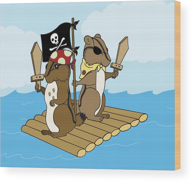 Chipmunk Wood Print featuring the digital art Chipmunk Pirate Dash and Scoot by Christy Beckwith