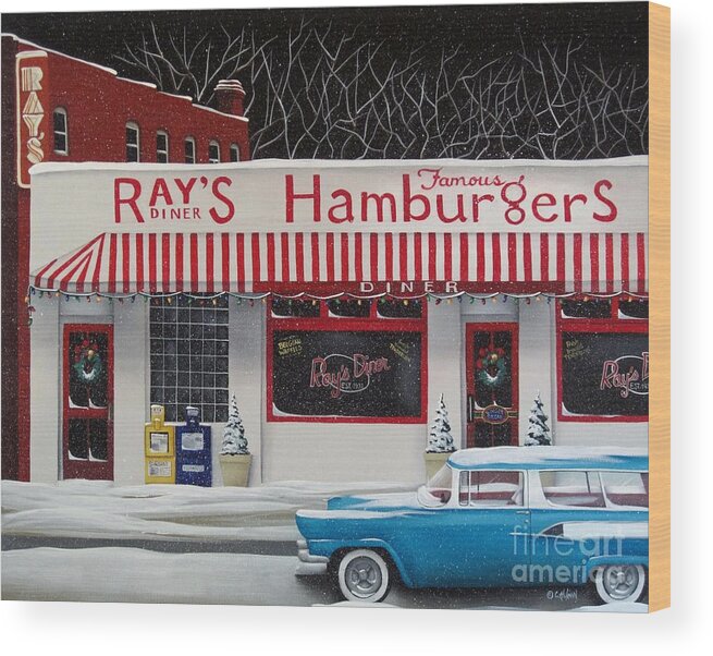Art Wood Print featuring the painting Christmas at Ray's Diner by Catherine Holman