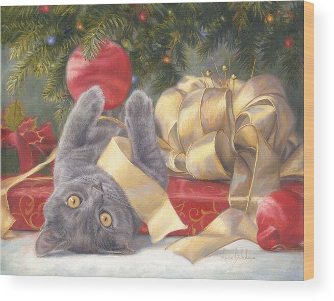 Cat Wood Print featuring the painting Christmas Surprise by Lucie Bilodeau