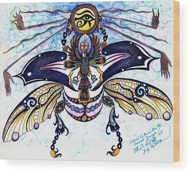 Bug Wood Print featuring the painting Colored Cultural Zoo B Sacred Scarab by Melinda Dare Benfield