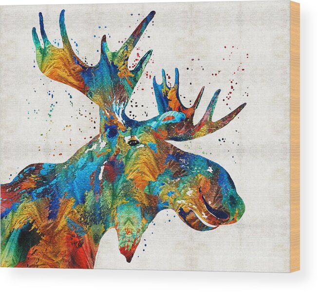 Moose Wood Print featuring the painting Colorful Moose Art - Confetti - By Sharon Cummings by Sharon Cummings