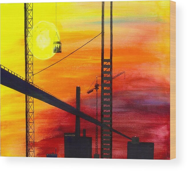 Crane Wood Print featuring the painting Constructing a City by Vic Delnore