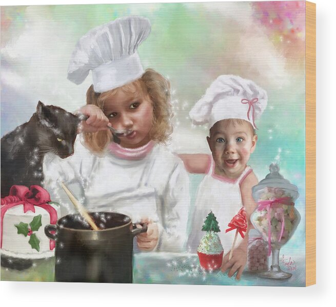 Childrens Paintings Wood Print featuring the painting Cookin Up a Little Christmas Magic by Colleen Taylor