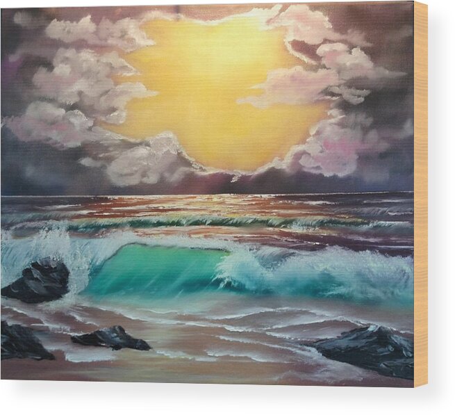  Oil Wood Print featuring the painting Crashing wave at sunrise by Kevin Brown