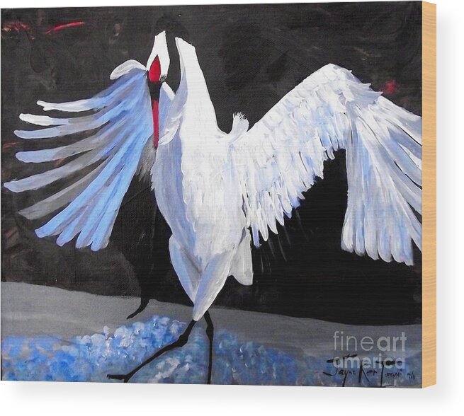 Japanese Crane Painting Wood Print featuring the painting Dancing Crane by Jayne Kerr