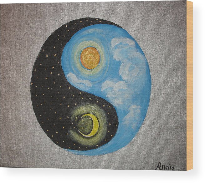 Ying Yang Wood Print featuring the painting Day and Night Ying Yang by Angie Butler