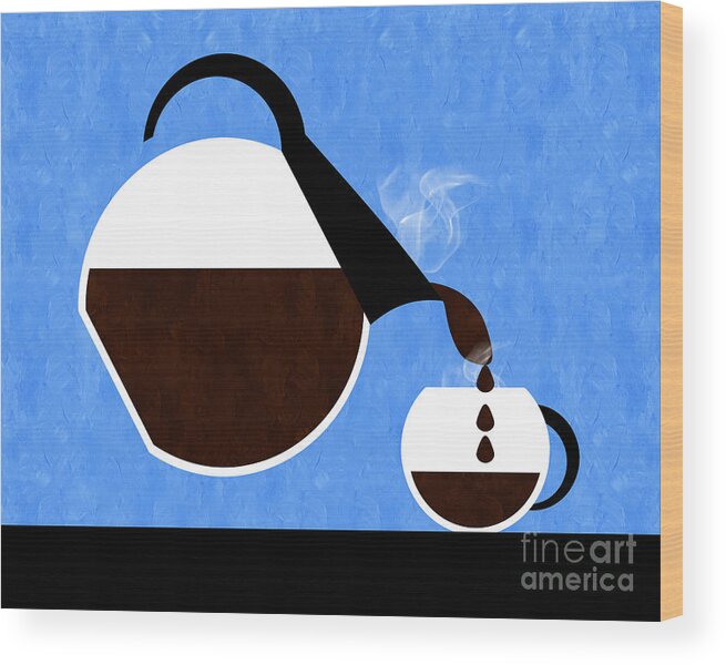 Coffee Wood Print featuring the digital art Diner Coffee Pot And Cup Blue Pouring by Andee Design