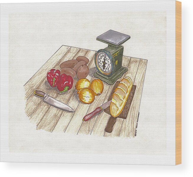 A Cook Book Illustration By Jack Pumphrey Of Vintage Kitchen Utensils And Food In A Watercolor By Jack Pumphrey Wood Print featuring the painting Weighing Dinner preparation Supper by Jack Pumphrey