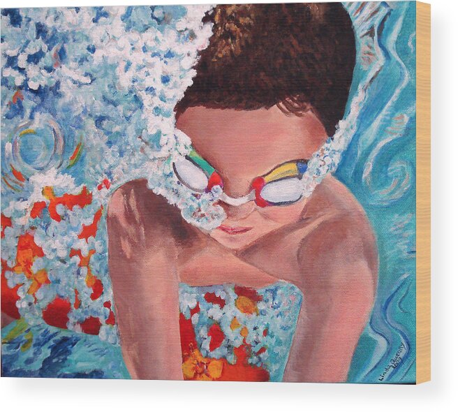 Swimming Wood Print featuring the painting Dive In by Linda Queally