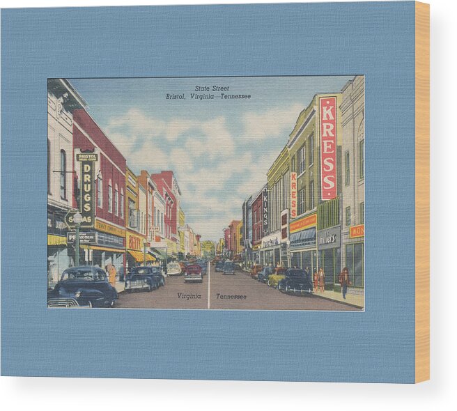 Vintage Postcard Wood Print featuring the digital art Downtown Bristol Va TN 1940's by Denise Beverly