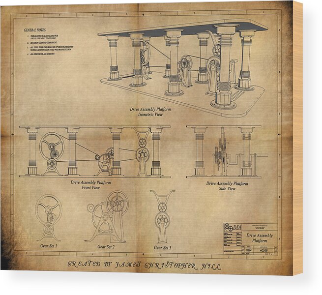 Steampunk; Gears; Housing; Cogs; Machinery; Lathe; Columns; Brass; Copper; Gold; Ratio; Rotation; Elegant; Forge; Industry; Copyright 2010 - James Christopher Hill Wood Print featuring the painting Drive Assembly Platform by James Hill