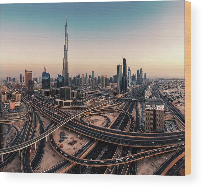 Architecture Wood Print featuring the photograph Dubai Skyline Panorama by Jean Claude Castor