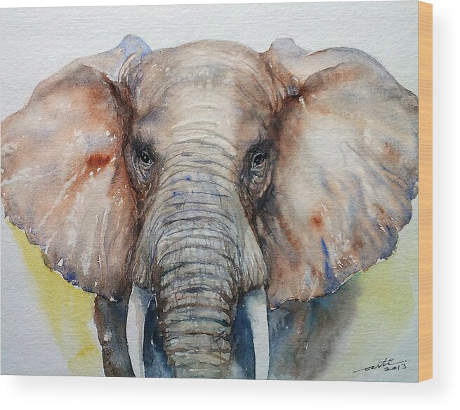 Watercolor Wood Print featuring the painting Elephant_Chestnut Brown by Arti Chauhan