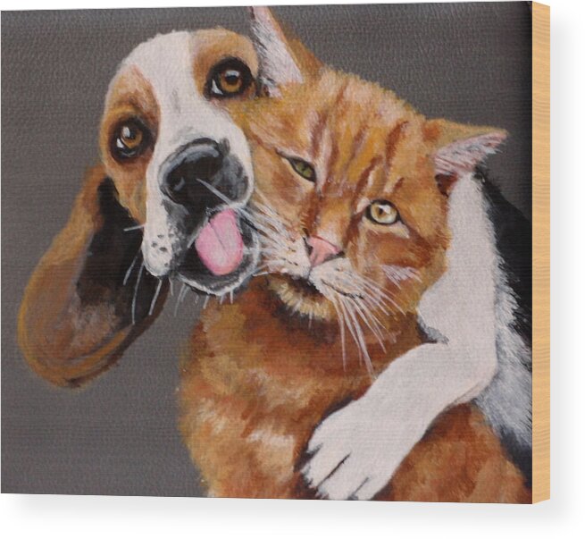 Beagle And Cat Wood Print featuring the painting Ellen and Owen by Carol Russell