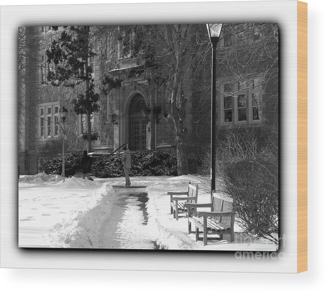 Muhlenberg College Wood Print featuring the photograph Ettinger snow scene - Border BW by Jacqueline M Lewis